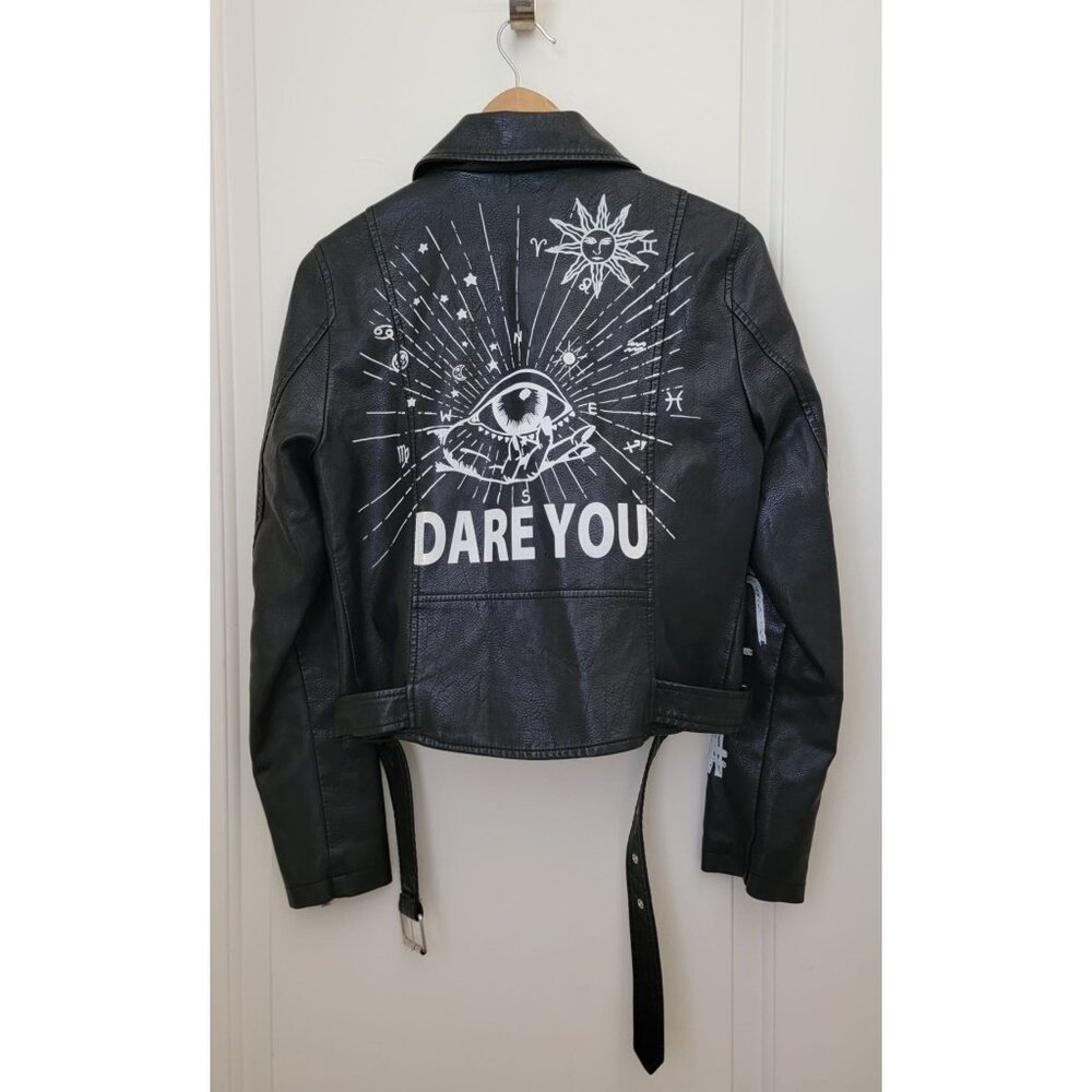 BLUE B Black Vegan Leather Graffiti Punk Moto Jacket w/Studded Accents Size S - Picture 2 of 13